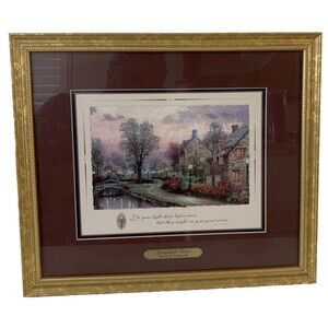 Thomas Kinkade "Lamplight Lane" Gold Frame Art W/COA '99 14.25"x12.5"